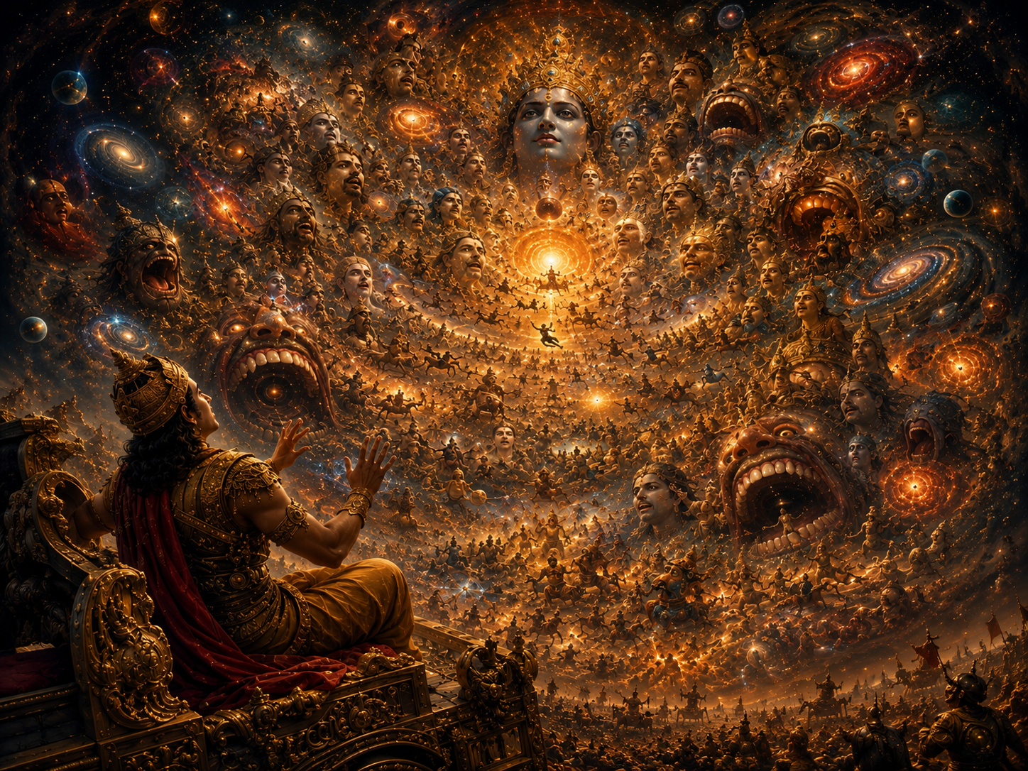 A cosmic vision of Krishna's Vishwaroop — countless faces, galaxies and worlds unfolding above a figure on a chariot, gazing up in awe.
